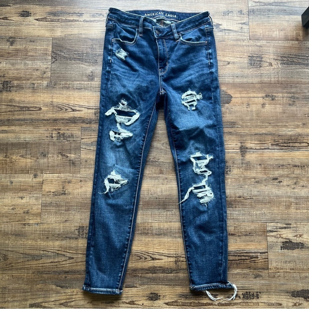 American Eagle Women’s Blue Denim High Rise Jegging Jeans Distressed Sz 4 Short